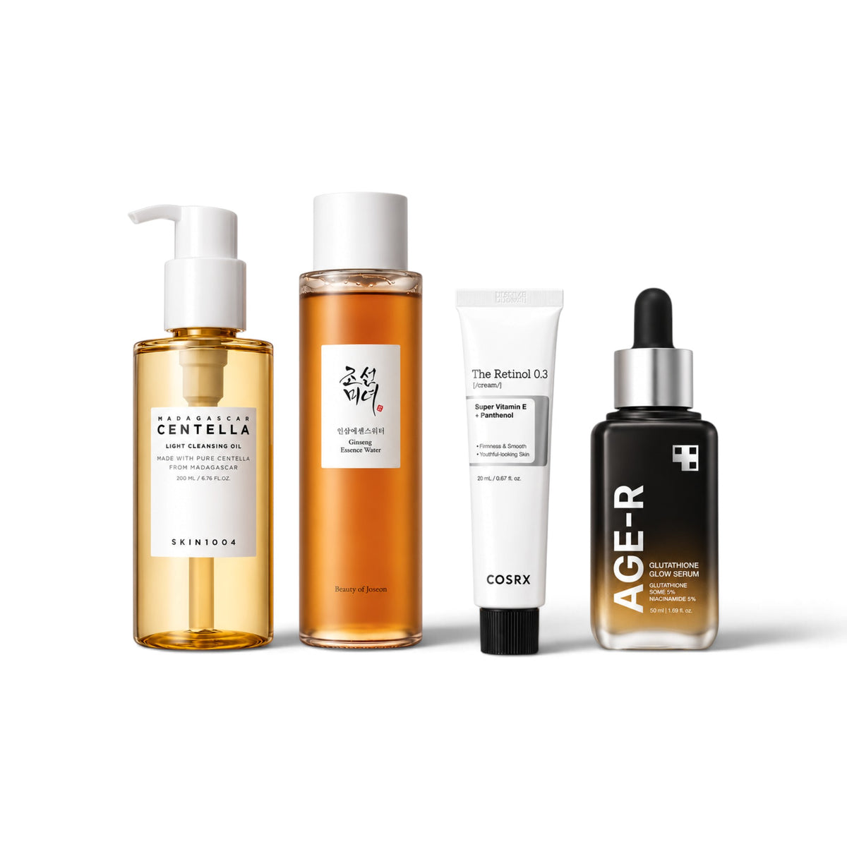 Anti-Aging Bundle: SKIN1004 Madagascar Centella Light Cleansing Oil, Beauty of Joseon Ginseng Essence Water, Medicube Age-R Glutathione Glow Serum and COSRX The Retinol 0.3 Cream