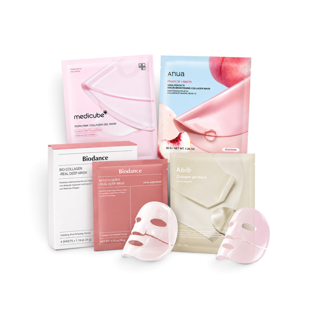 Best Sellers Gel Mask Bundle: Medicube PDRN Pink Collagen Gel Mask, Biodance Bio Collagen Real Deep Mask, Abib Collagen Gel Mask Jericho Rose Jelly and Anua Peach 70 Niacin Brightening Collagen Mask