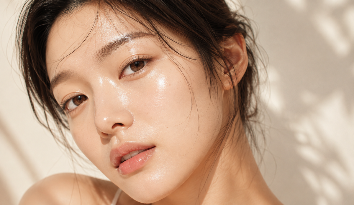 Close-up of dewy, glowing skin in soft sunlight