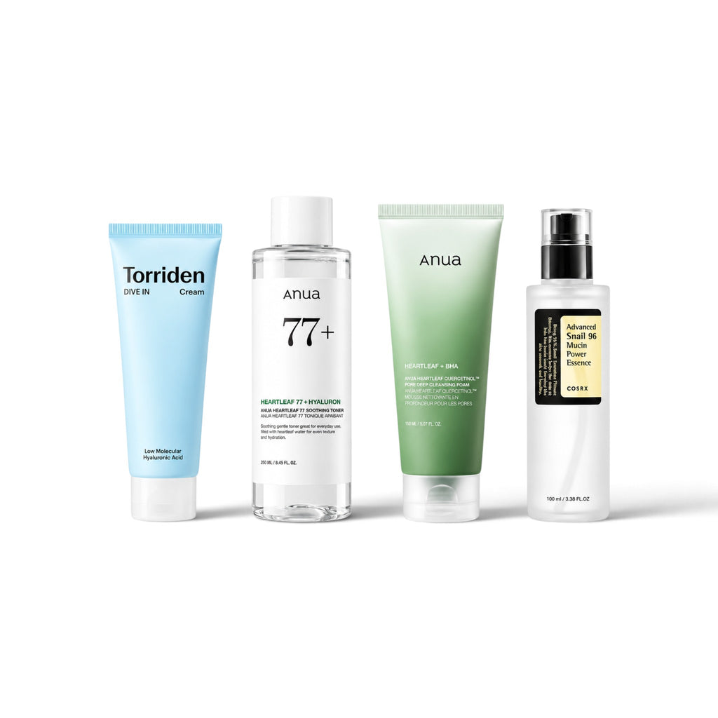 Combination Skin Bundle: Anua Heartleaf Quercetinol Pore Deep Cleansing Foam, Anua Heartleaf 77% Soothing Toner, COSRX Advanced Snail 96 Mucin Power Essence and Torriden Dive-In Low Molecular Hyaluronic Acid Cream