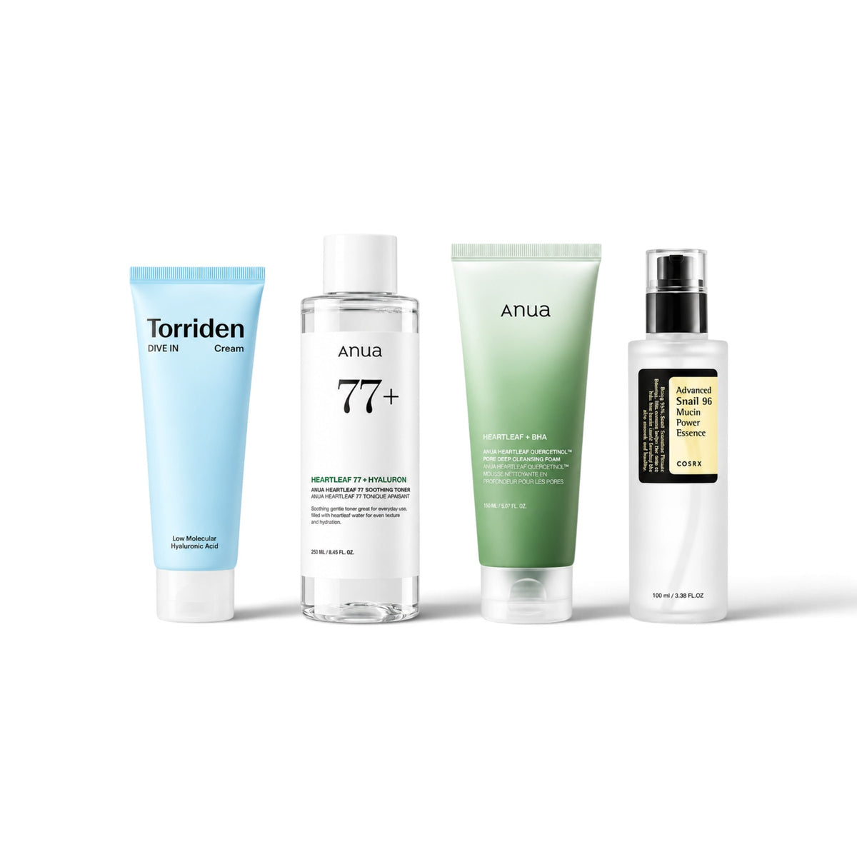 Combination Skin Bundle: Anua Heartleaf Quercetinol Pore Deep Cleansing Foam, Anua Heartleaf 77% Soothing Toner, COSRX Advanced Snail 96 Mucin Power Essence and Torriden Dive-In Low Molecular Hyaluronic Acid Cream