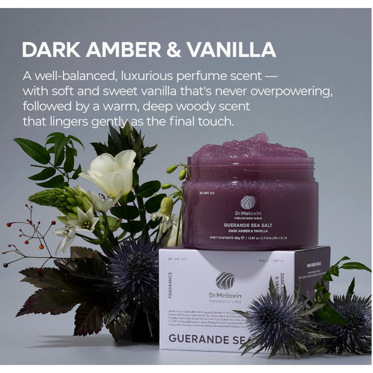 DR MELAXIN - Guerande Sea Salt Perfume Body Scrub Dark Amber & Vanilla 450g – image 3