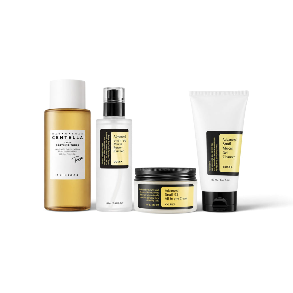 Glass Skin Bundle: COSRX Advanced Snail Mucin Gel Cleanser, SKIN1004 Madagascar Centella Teca Soothing Toner, COSRX Advanced Snail 96 Mucin Power Essence and COSRX Advanced Snail 92 All in One Cream Jar