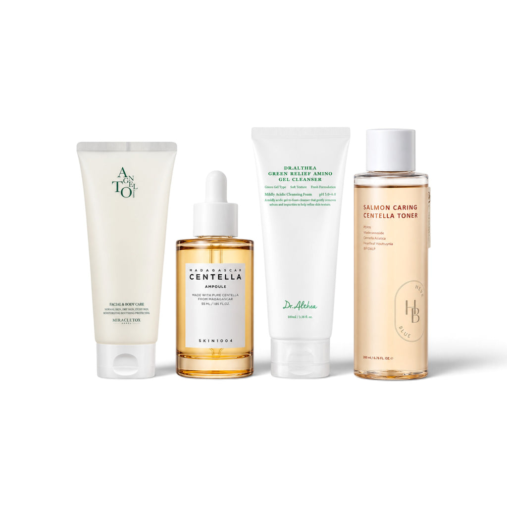 Sensitive Skin Bundle: Dr. Althea Green Relief Amino Gel Cleanser, Heveblue Salmon Caring Centella Toner, SKIN1004 Madagascar Centella Ampoule and Miracletox Angelto Cream