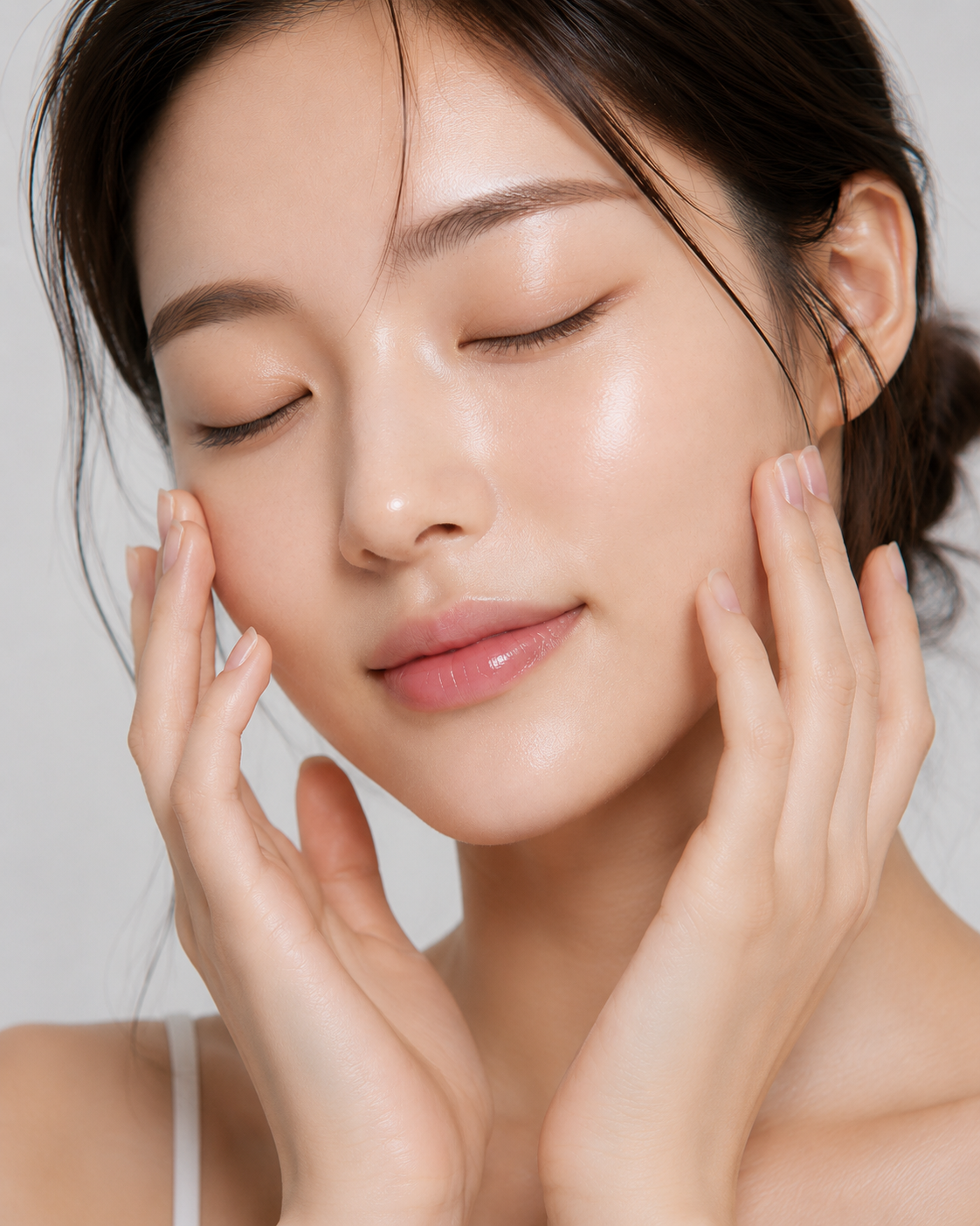 Woman with glowing skin gently touching her face after skincare