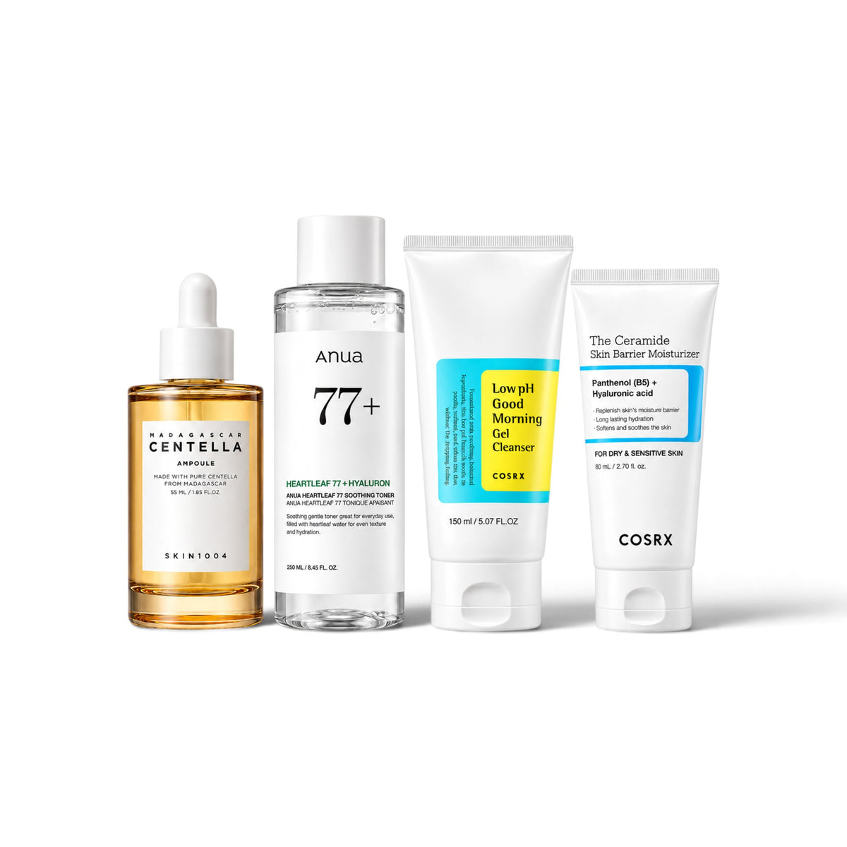 Skin Barrier Repair Bundle: COSRX Low pH Good Morning Gel Cleanser, Anua Heartleaf 77% Soothing Toner, SKIN1004 Madagascar Centella Ampoule and COSRX The Ceramide Skin Barrier Moisturizer