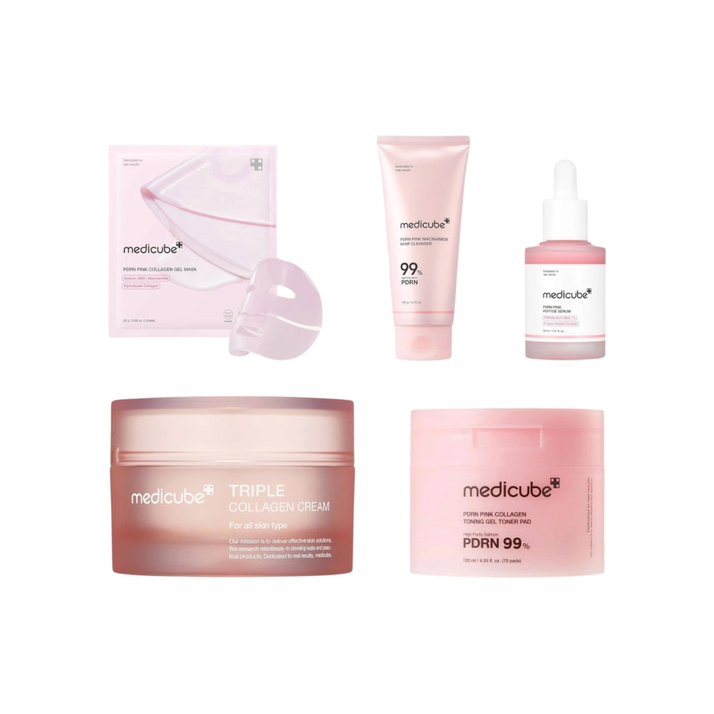 Medicube Best Sellers Bundle: Medicube PDRN Pink Peptide Serum, PDRN Pink Collagen Toning Gel Toner Pad, Triple Collagen Cream 4.0, PDRN Pink Collagen Gel Mask and PDRN Pink Niacinamide Whip Cleanser