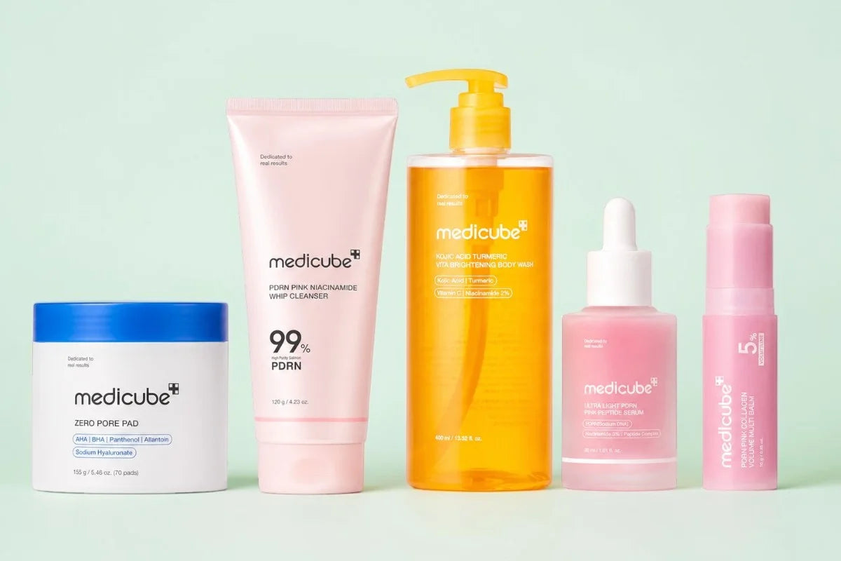 Medicube product lineup — Zero Pore Pad, PDRN Cleanser, Vita Brightening Body Wash, PDRN Peptide Serum, Collagen Multi Balm